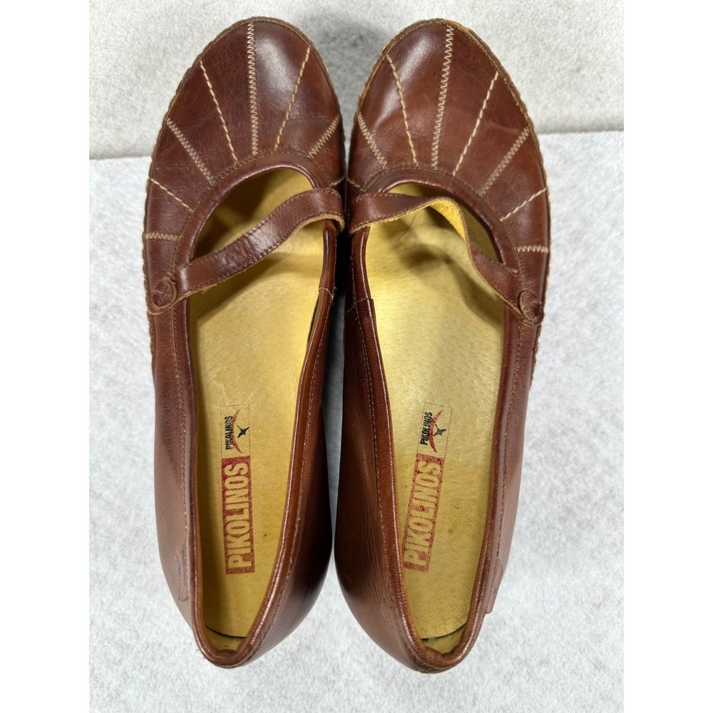 Pikolinos Brown Leather Mary Jane Wedge Pumps Contrast Stitch Shoes Womens 38